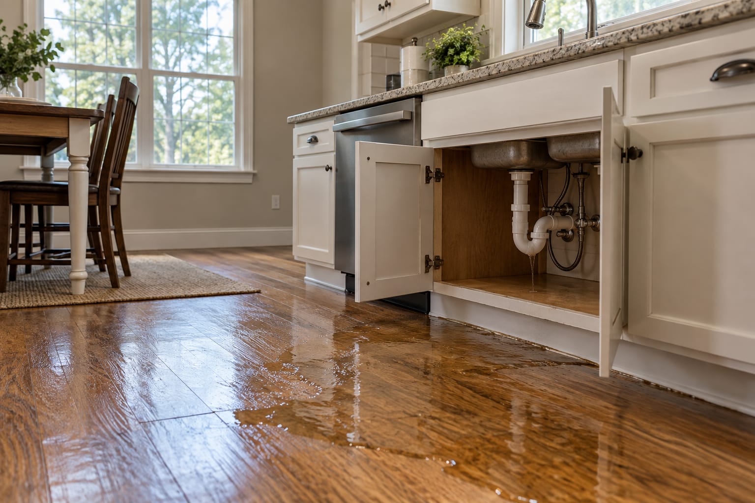 Shallow water on a wood floor beside an open sink cabinet