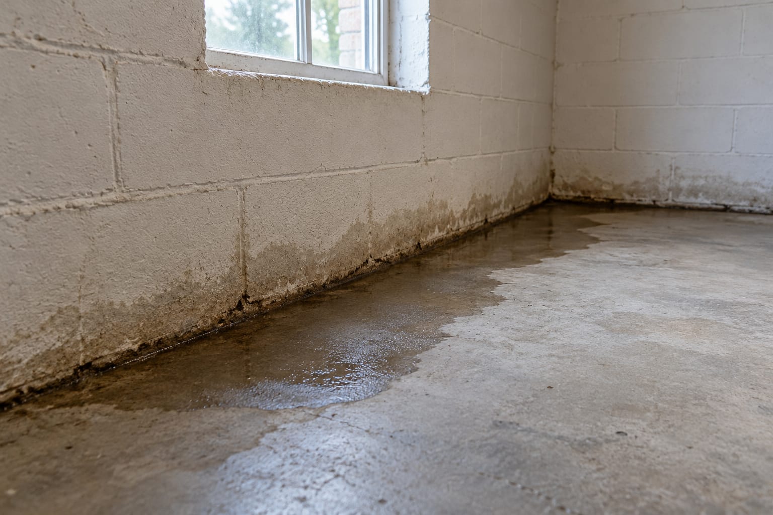 Water along the base of a painted masonry wall in a daylight basement