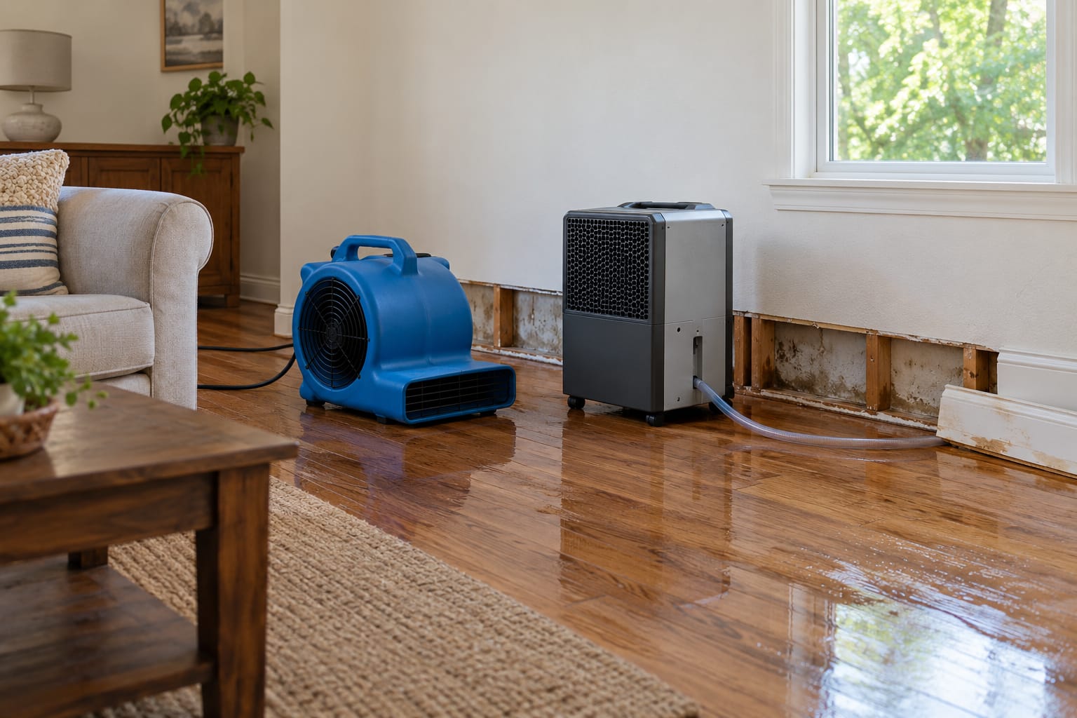 Air mover and dehumidifier beside an opened lower wall and damp oak floor